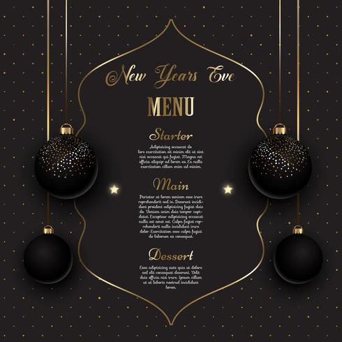 Design de menu de véspera de ano novo em ouro e preto vetor