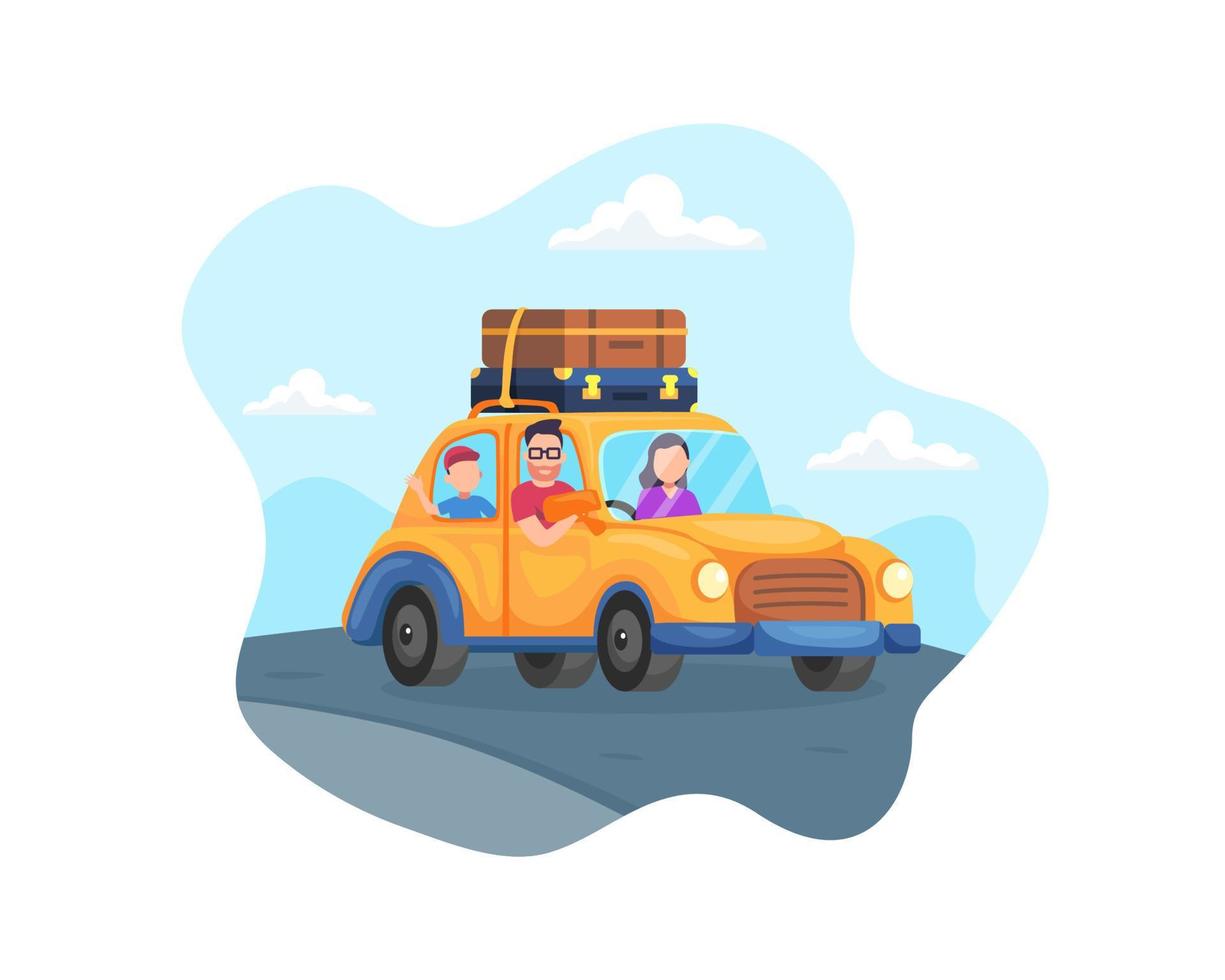 ilustração vetorial feliz viagem em família de carro vetor