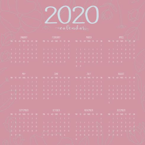 Calendário de ano novo de 2020 com rosa doce Floral vetor