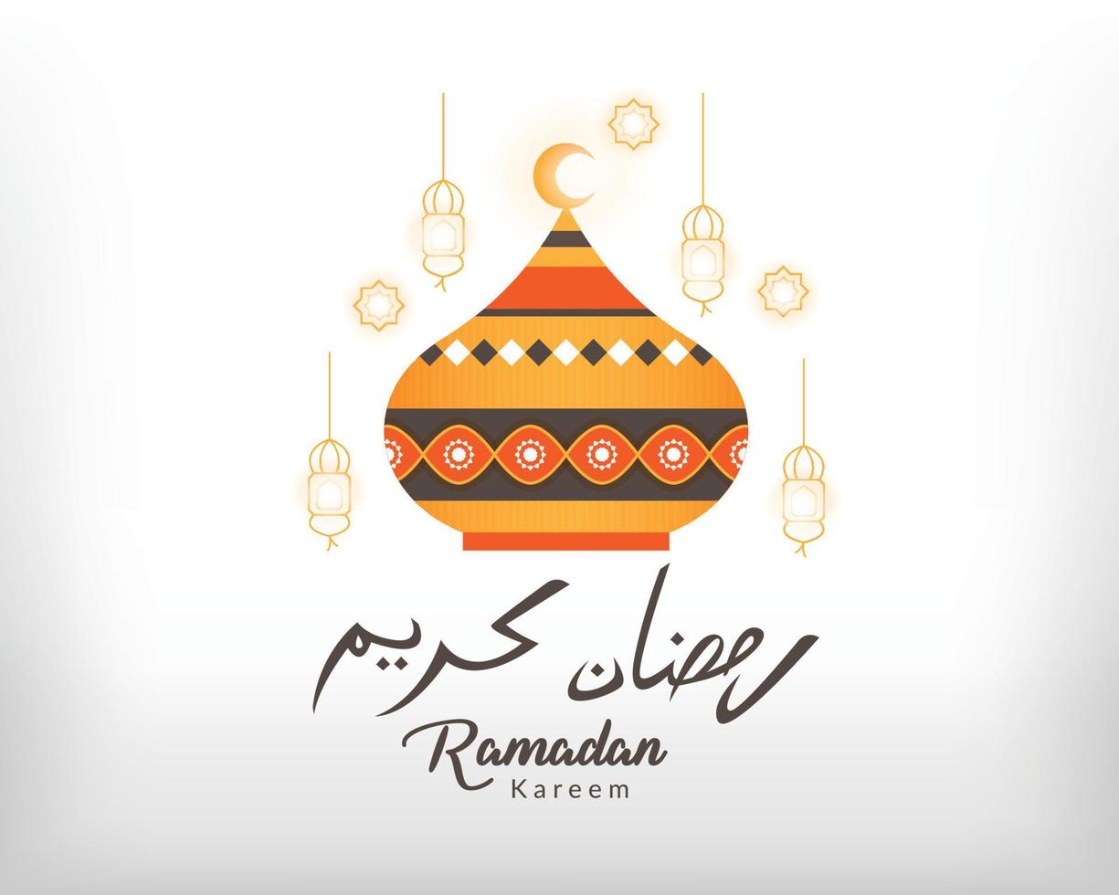 cartão de saudação ramadan kareem. design islâmico ramadan kareem com cúpula de mesquita e lanternas. fundo do Ramadã com caligrafia - vetor