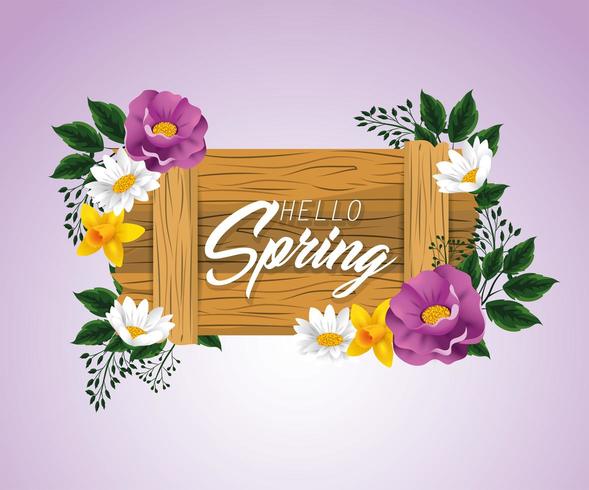 emblema de madeira primavera com flores de beleza vetor