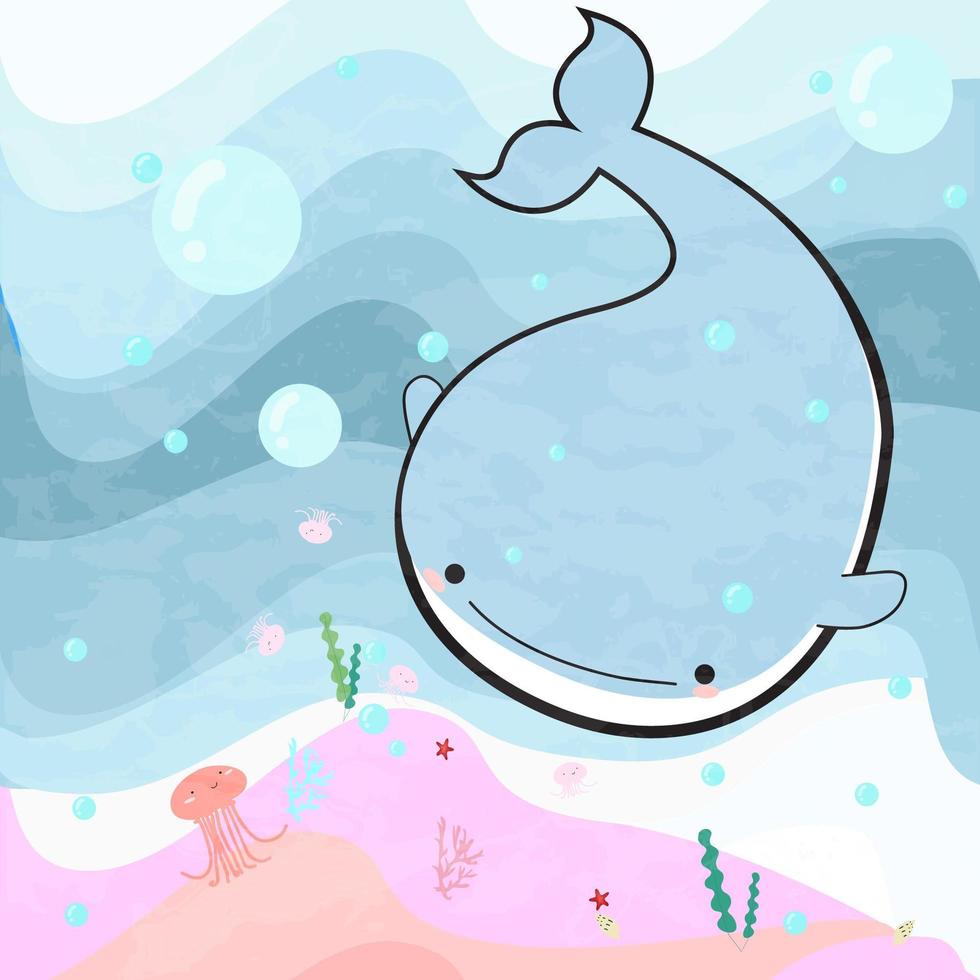 Baleia dos desenhos animados e água-viva no oceano azul vetor