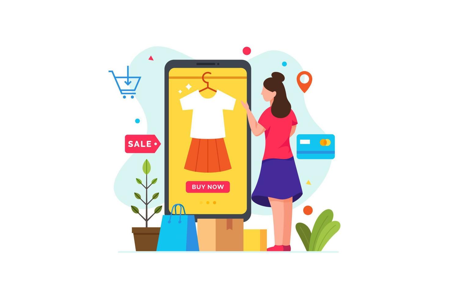 mulher escolhe roupas e compras usando smartphone vetor