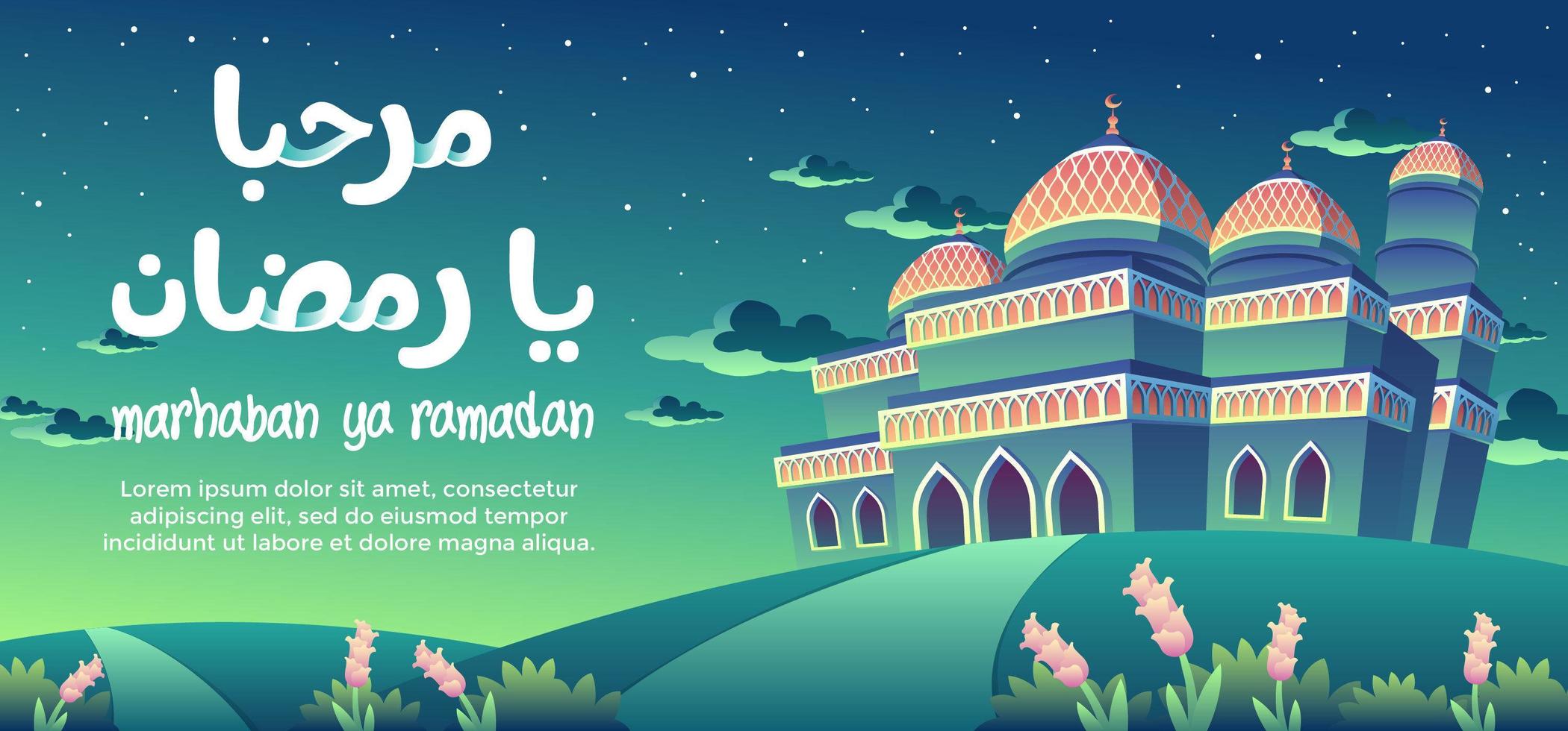 Marhaban Ya Ramadan com a mesquita verde padrão laranja à noite vetor