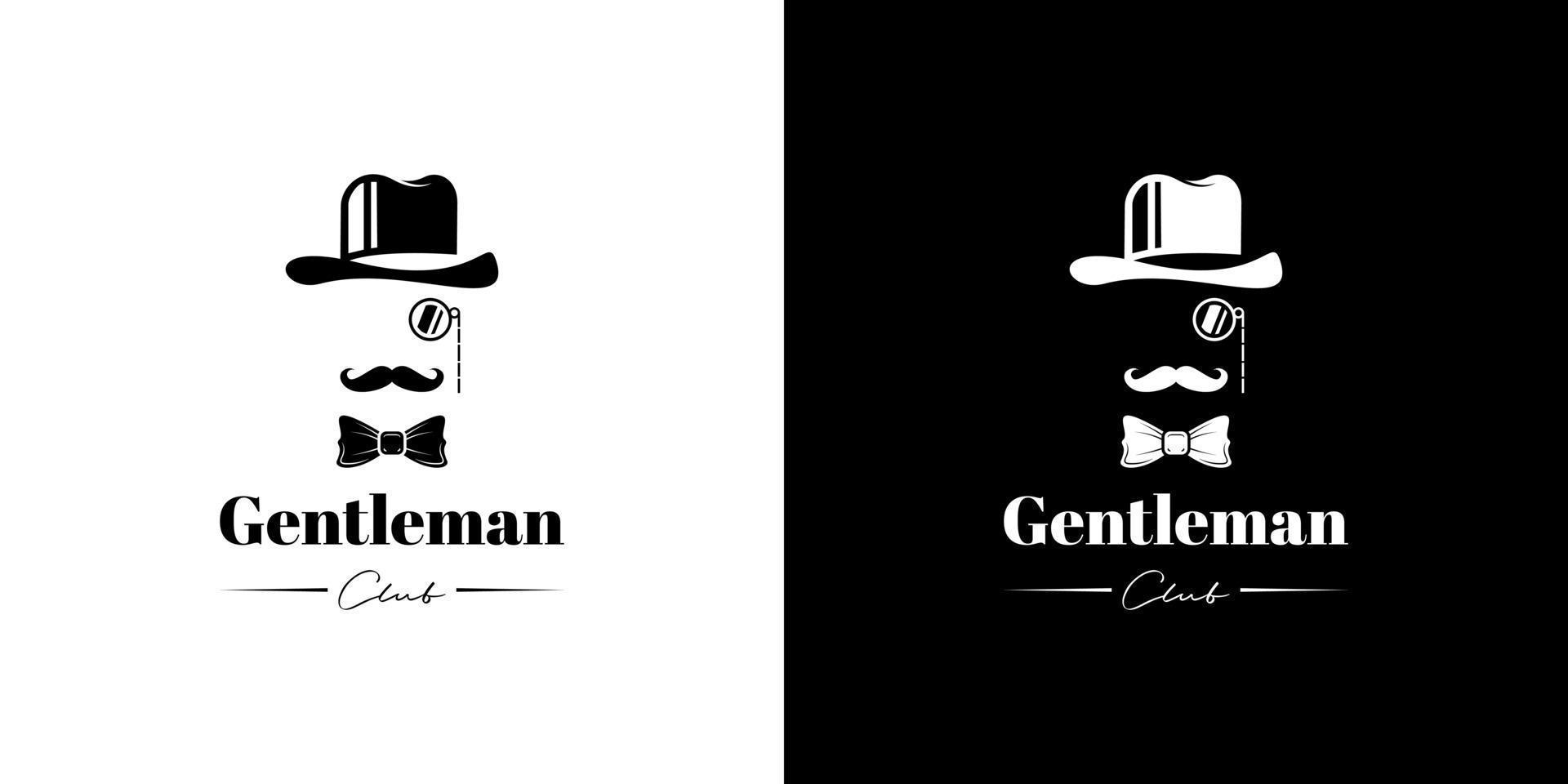 vetor de design de logotipo de cavalheiro de chapéu, gravata borboleta e bigode