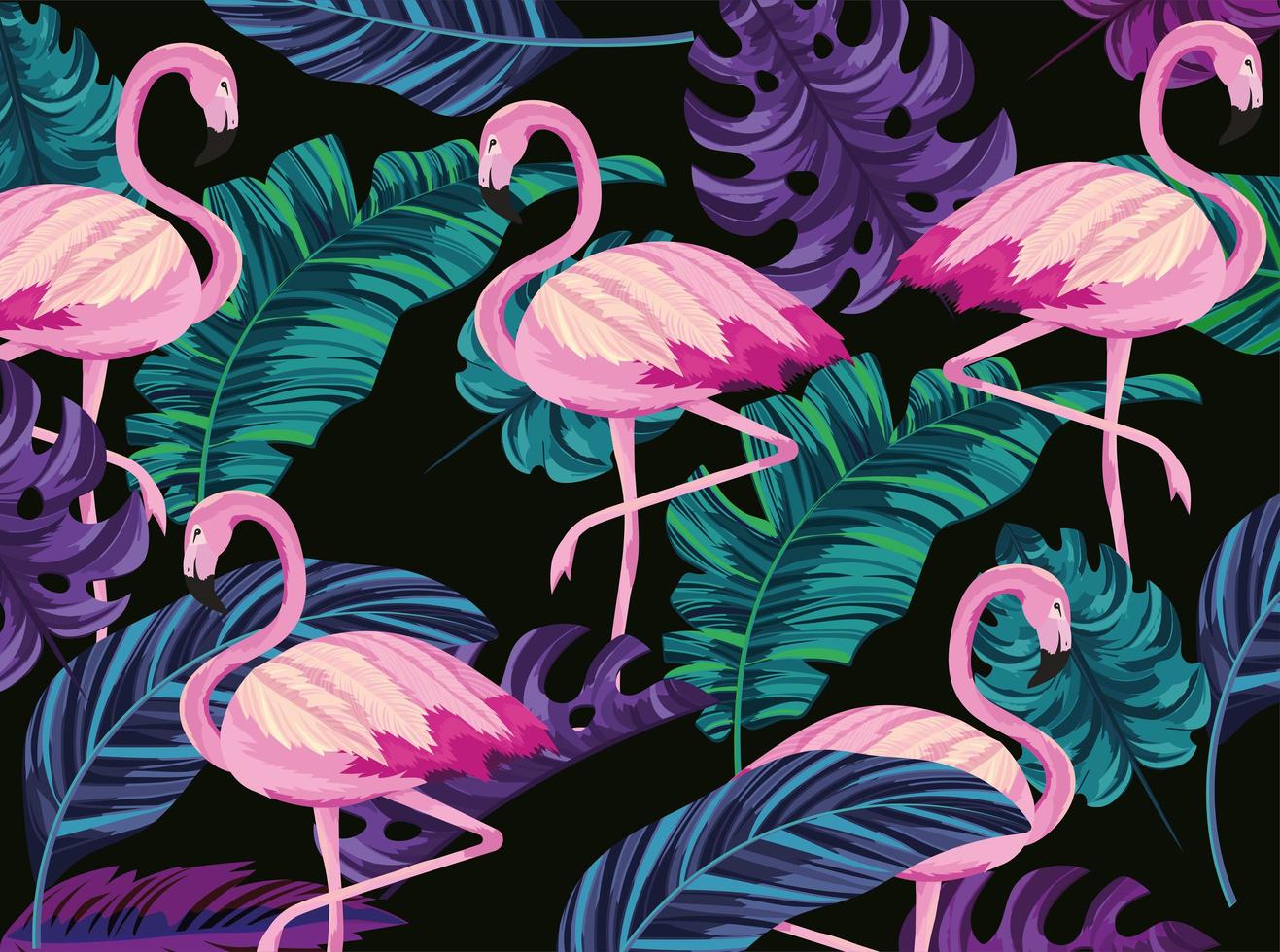 fundo de flamingos exóticos e folhas tropicais vetor