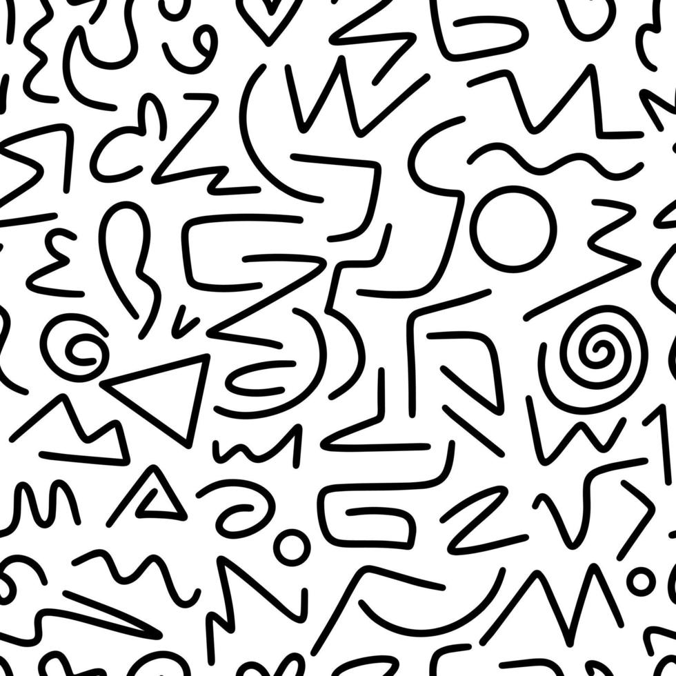 abstrato preto e branco sem costura padrão de linhas pretas, fundo, listras, círculos, espirais de doodle. mão desenhada abstrato de linhas. desenho e textura de tinta desenhados à mão vetor