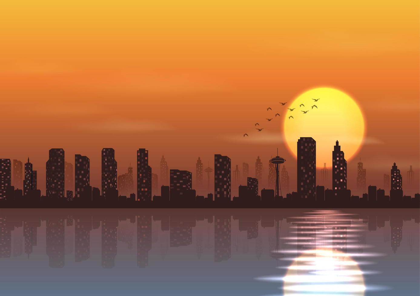 ilustração vetorial da cidade ao fundo do pôr do sol ao lado de um rio vetor