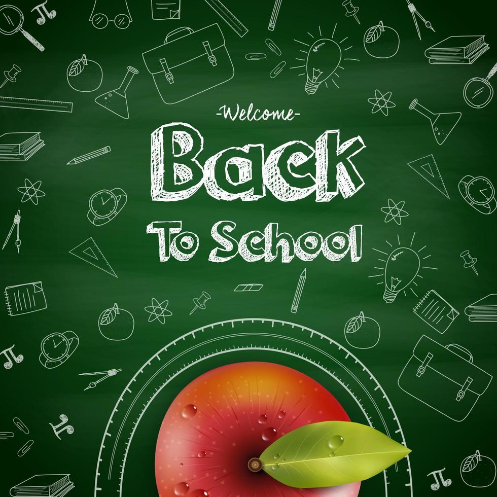 ilustração vetorial de boas-vindas de volta ao fundo da escola com maçã vermelha vetor