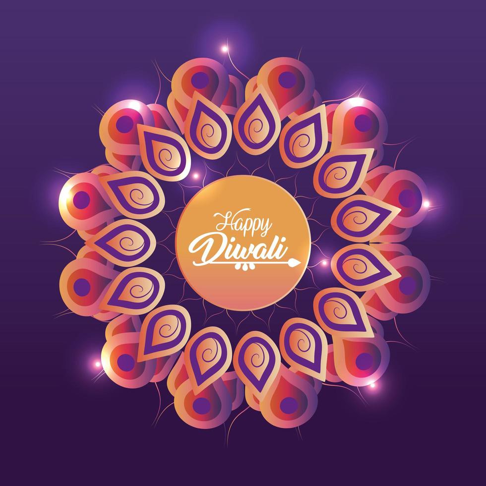 festival de diwali com mandala de flores e luzes vetor