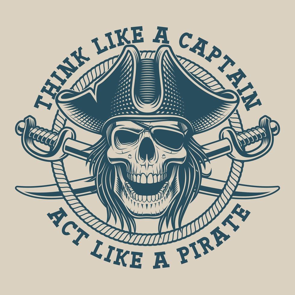 Design de camiseta com caveira pirata e sabre vetor