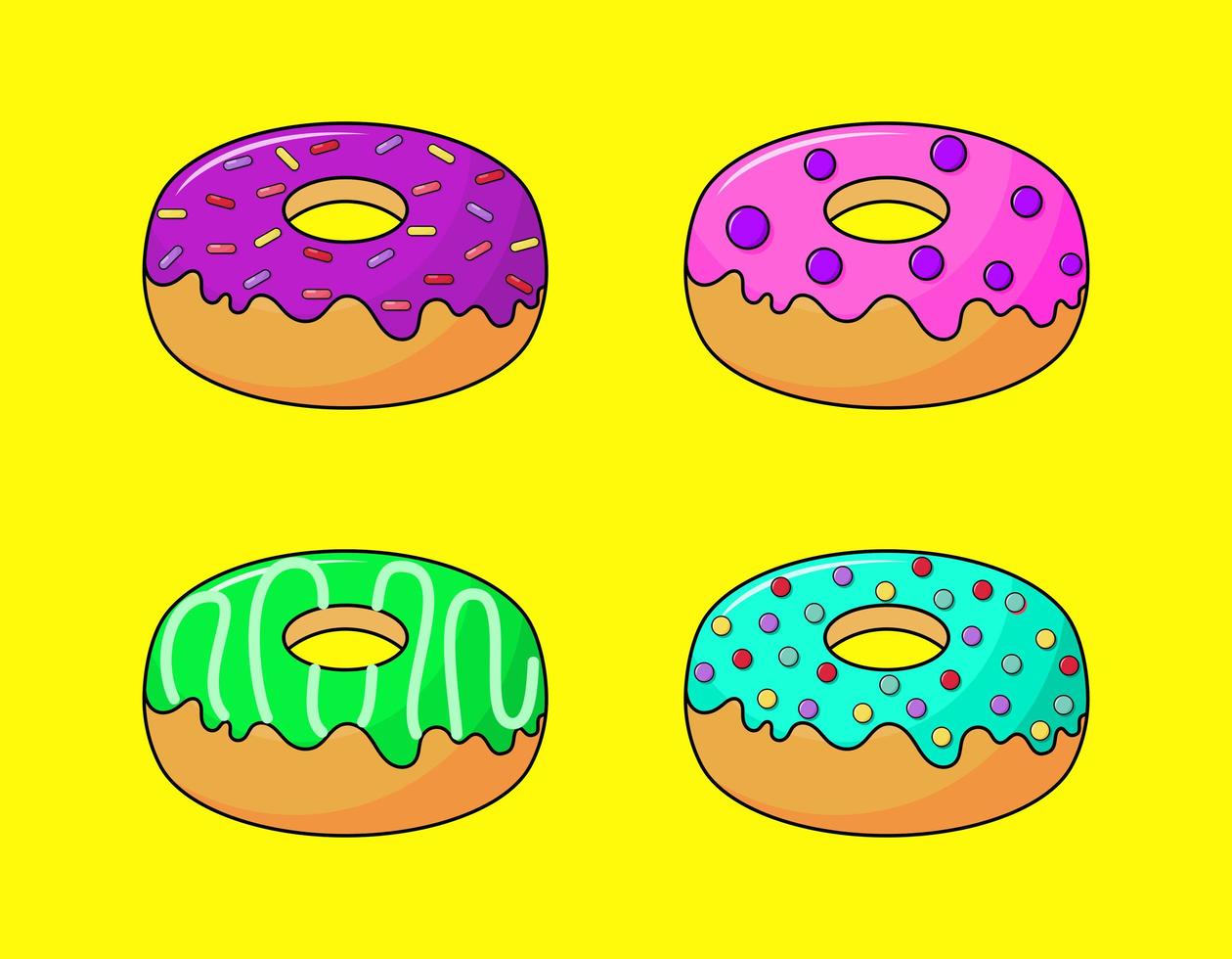 donuts de pastel kawaii bonito doce verão sobremesas desenhos animados com diferentes tipos vetor