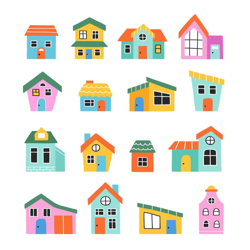 coleção de casas e casas multicoloridas desenhadas à mão. esboço de rabiscos. símbolos bonitos edifícios. ilustração vetorial isolado. vetor