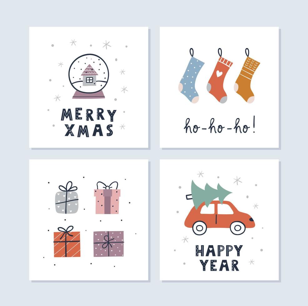 conjunto de cartões de natal e feliz ano novo. meias de natal, presentes, globo de neve. design simples bonito. ilustração vetorial. vetor