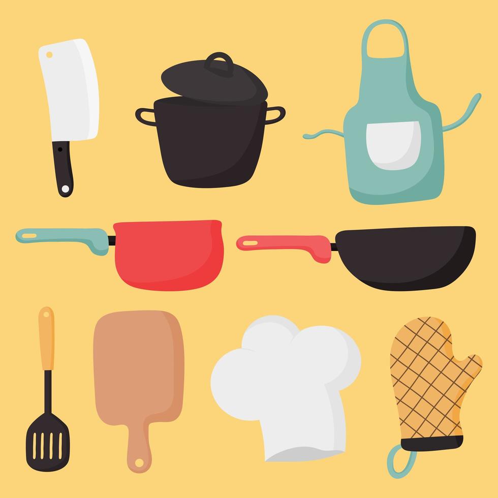 Elementos de cozinha e ícones de cozinha em fundo amarelo vetor