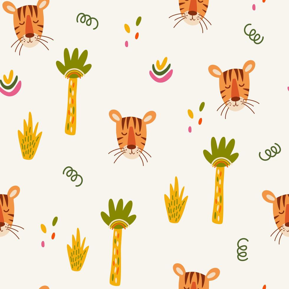 padrão sem emenda de tigre. focinho de um filhote de tigre bonito com plantas da selva. animais tropicais. design infantil para tecido, impressão, invólucro, têxtil. ilustração vetorial plana para crianças vetor