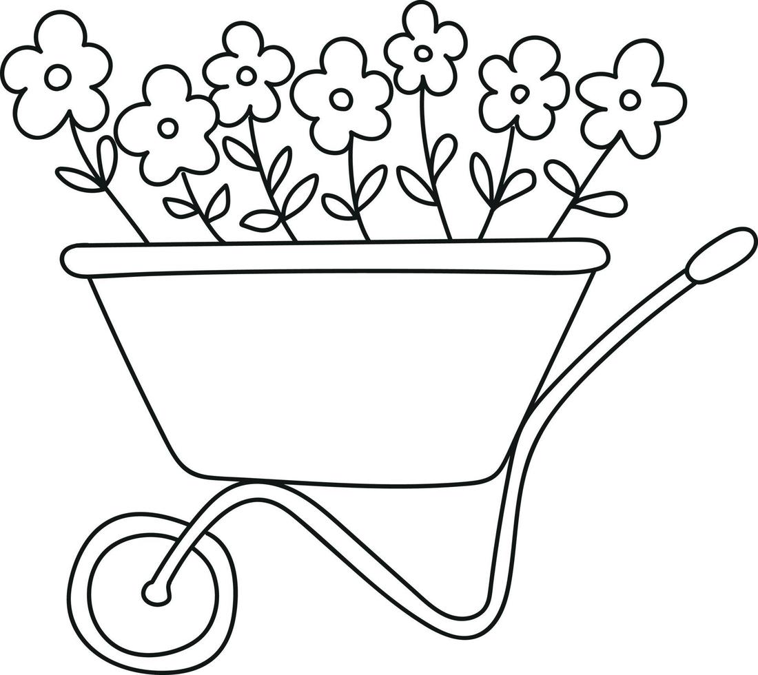 carrinho com flores para jardinagem em estilo doodle vetor