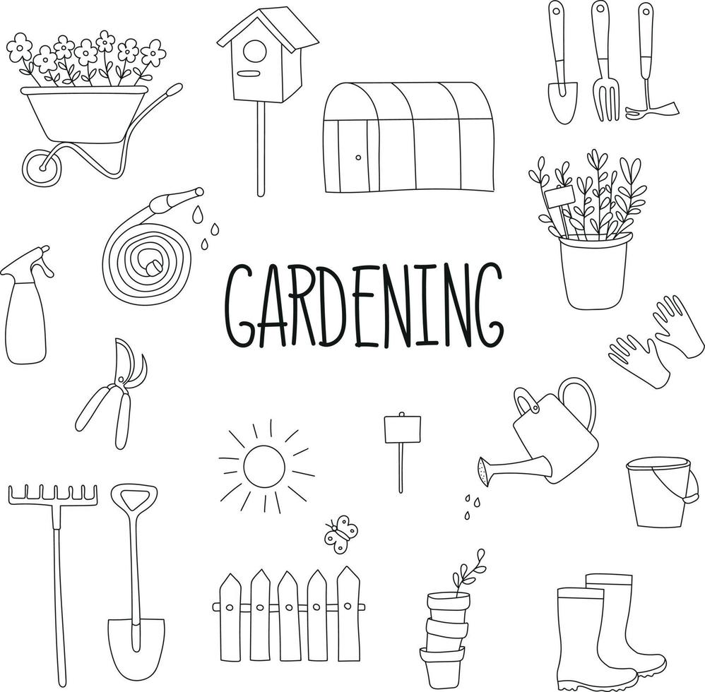 conjunto de ilustrações sobre o tema de jardinagem em estilo doodle vetor