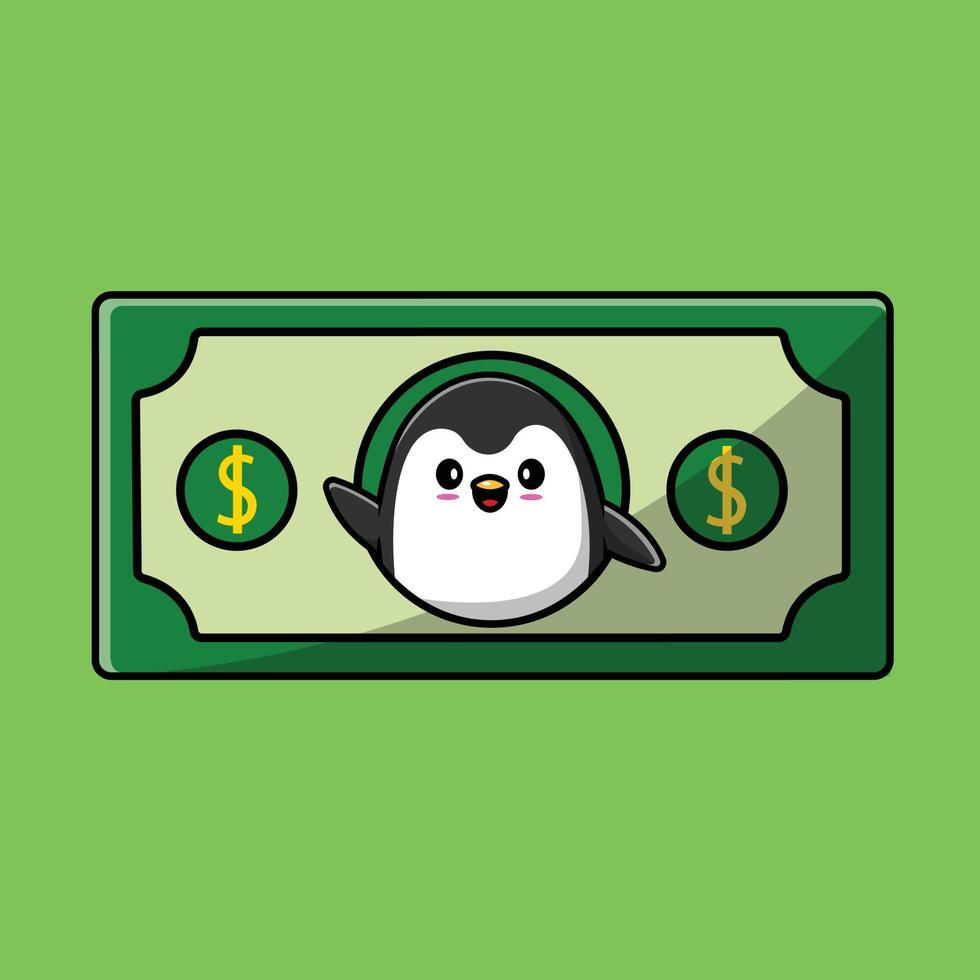 pinguim bonitinho acenando a mão na ilustração de ícone de vetor de desenhos animados de dinheiro. animal finanças ícone conceito isolado vetor premium. estilo de desenho animado plano