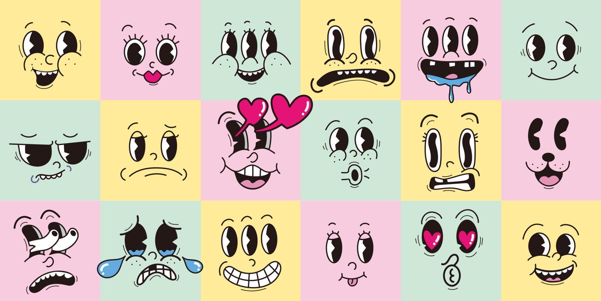 vintage 30s 40s 50s desenhos animados olhos e boca expressivos, sorrindo, chorando e surpresos expressões de rosto de personagem conjunto emoji vetor premium