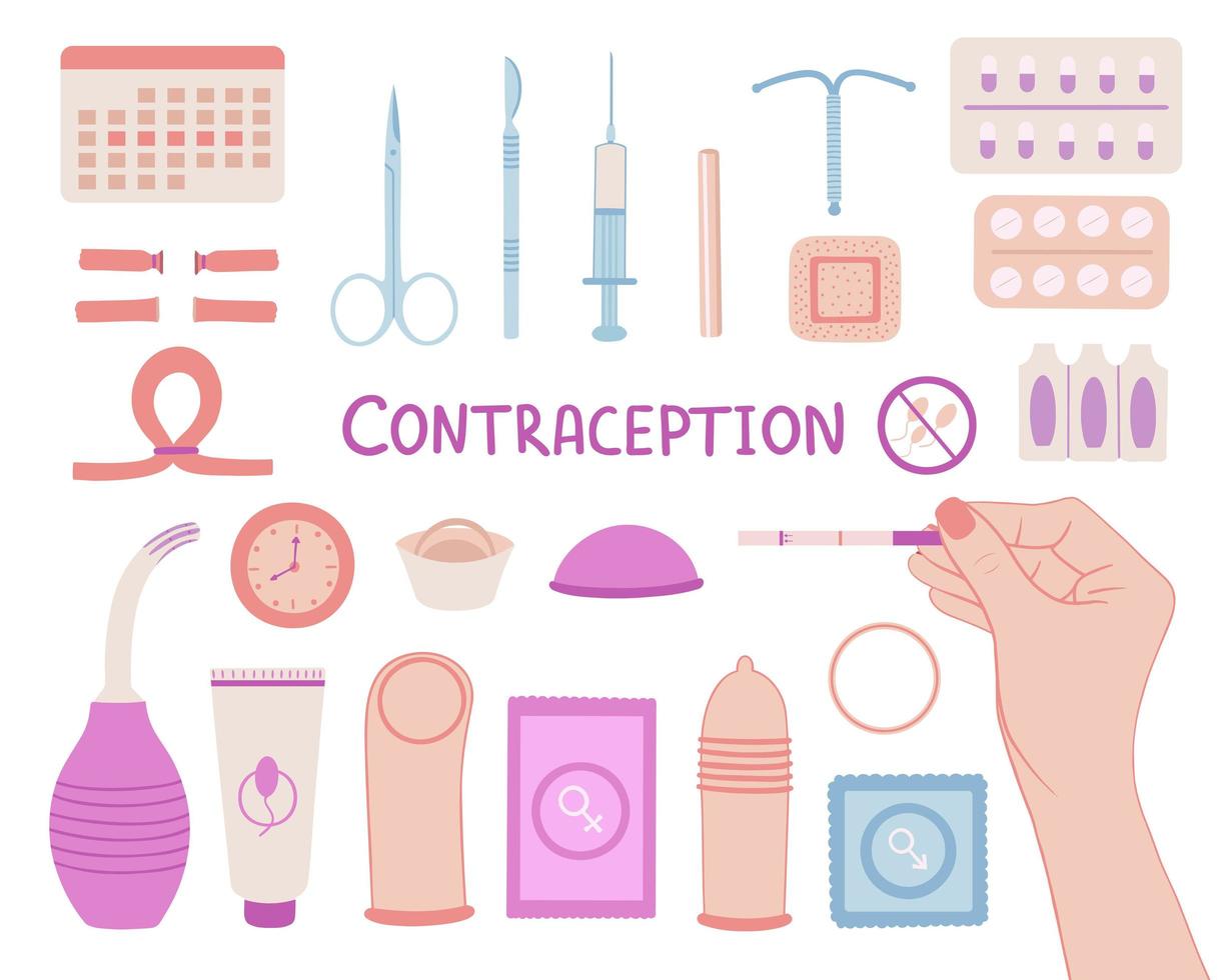 conjunto de contraceptivos. controle de natalidade. ilustração para impressão, fundos, capas, embalagens, cartões, cartazes, adesivos, design têxtil e sazonal. isolado no fundo branco. vetor