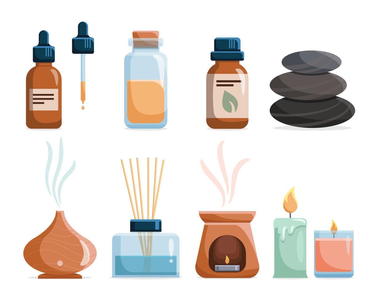 ícone de aromaterapia conjunto com óleos essenciais para spa e massagem. frascos com óleos de aroma natural, ervas, difusor, vela para homeopatia de bem-estar e beleza e terapia ayurveda. vetor