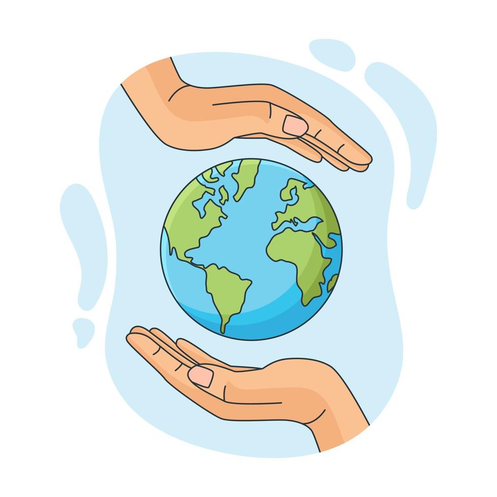Salve o planeta. mãos segurando o globo, terra. conceito de dia da terra. ilustração em vetor de ícones sobre proteção ambiental e conservação da natureza.