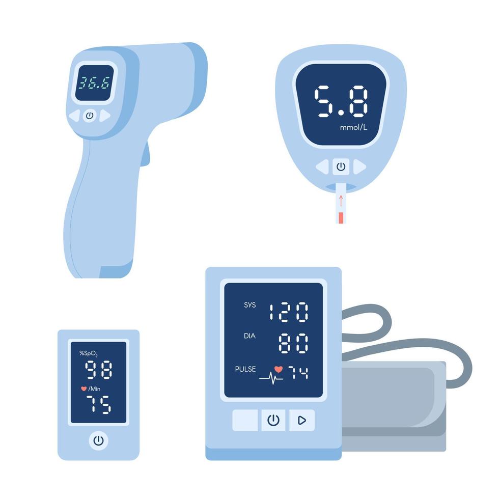 conjunto de ícones de dispositivos médicos. tonômetro, medidor de glicose no sangue glicosímetro, oxímetro de pulso, termômetro. coleção de ilustração vetorial isolado fundo branco. equipamentos de saúde vetor