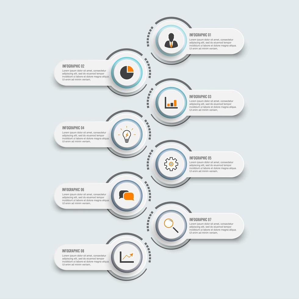 Modelo de infográfico com etiqueta de papel 3D, círculos integrados e 8 opções vetor