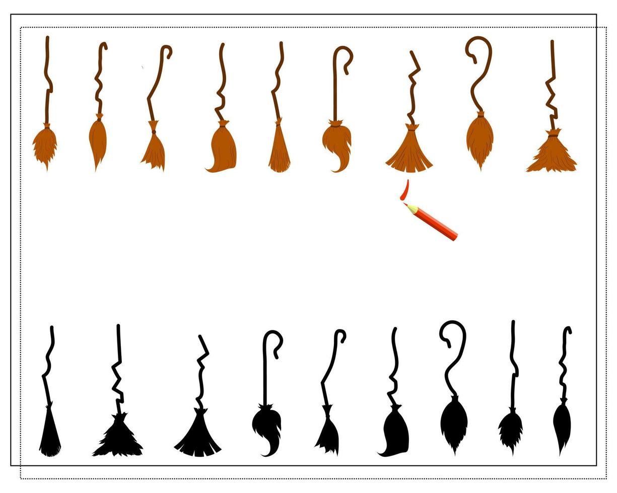 jogo para crianças escolher a sombra certa, vassoura de bruxa, halloween. vetor isolado no fundo branco.