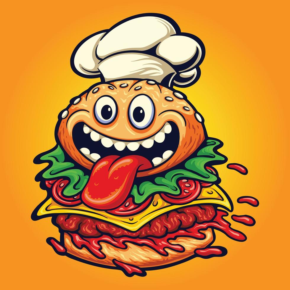 mascote engraçado do logotipo do chef de hambúrguer vetor