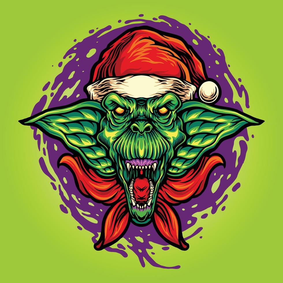 ilustrações de mascote de chapéu de natal goblin assustador vetor