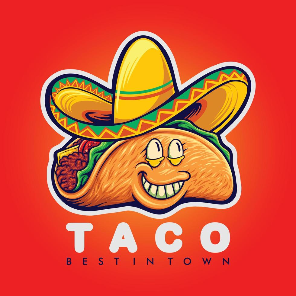 bonito chapéu mexicano tacos logotipo mascote ilustrações de desenho vetor