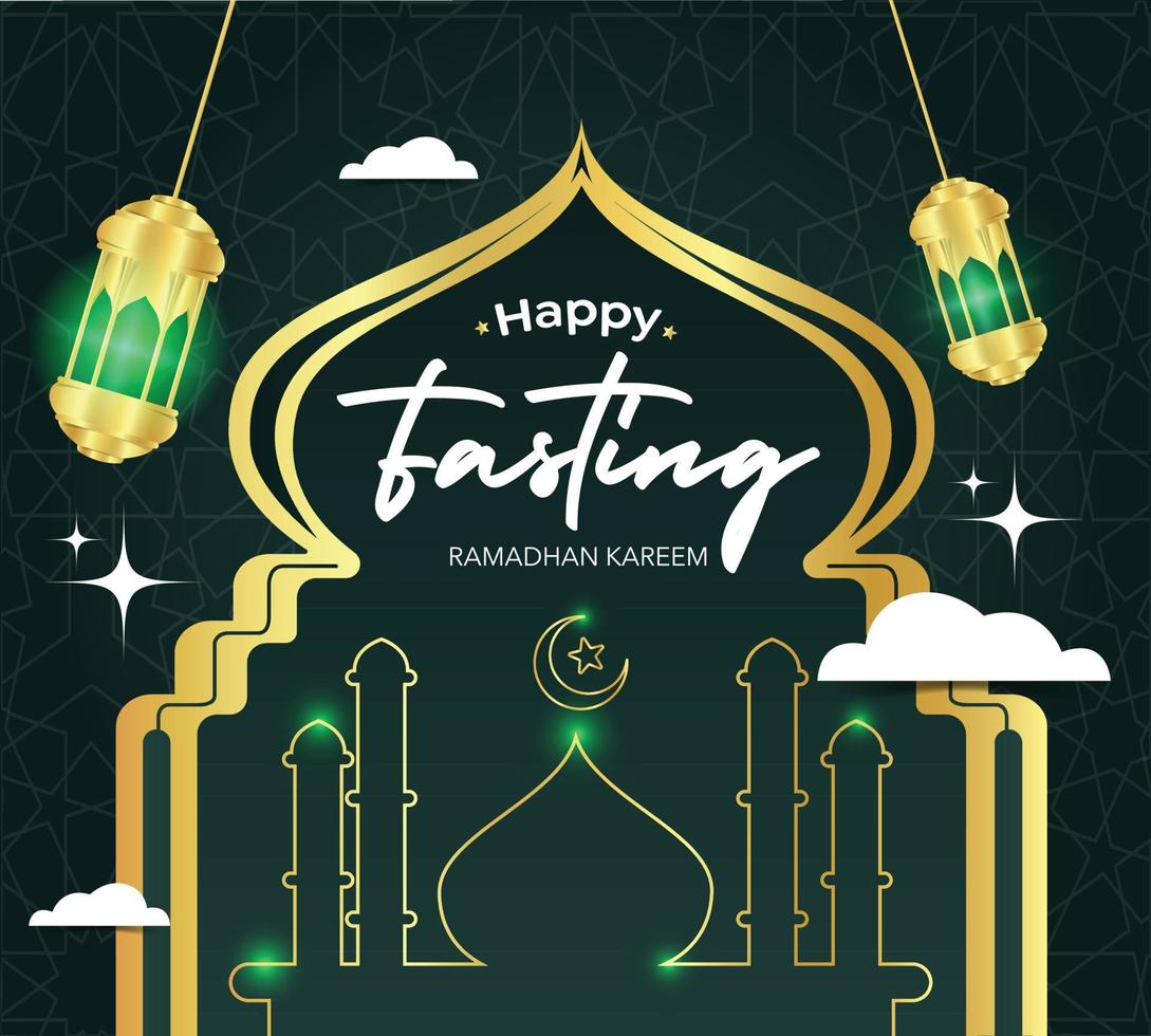 ramadan kareem em saudações de caligrafia árabe com moque islâmico e decoração, traduzido jejum feliz, você pode usá-lo para cartão de saudação, calendário, folheto e pôster, ilustração vetorial vetor