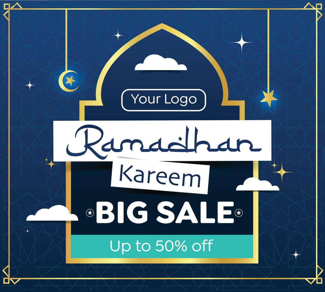 design de modelo de banner de venda do ramadã com uma lua crescente e lanternas com ornamentos de fundo islâmico. adequado para promoção na web e mídia social. vetor