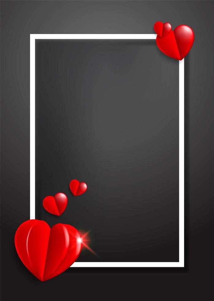 Modelo de dia dos namorados preto com moldura branca e corações vermelhos 3D vetor