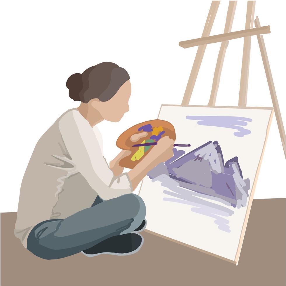 artista senta-se em um cavalete e desenha uma ilustração vetor