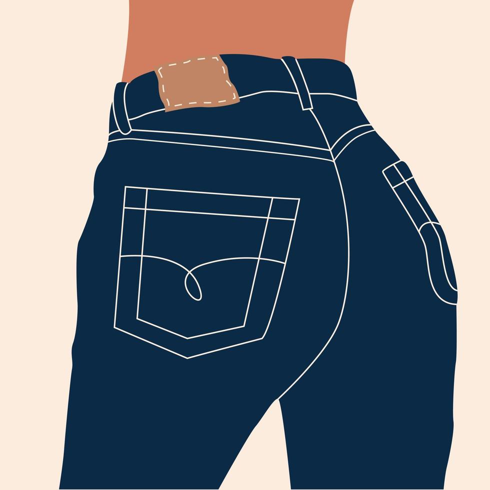 jeans azul moderno. roupas jeans. garota na ilustração de jeans azul. ilustração plana de roupa da moda. vestuário unissex em um fundo macio. mulher em jeans de cintura alta. vista traseira. vetor