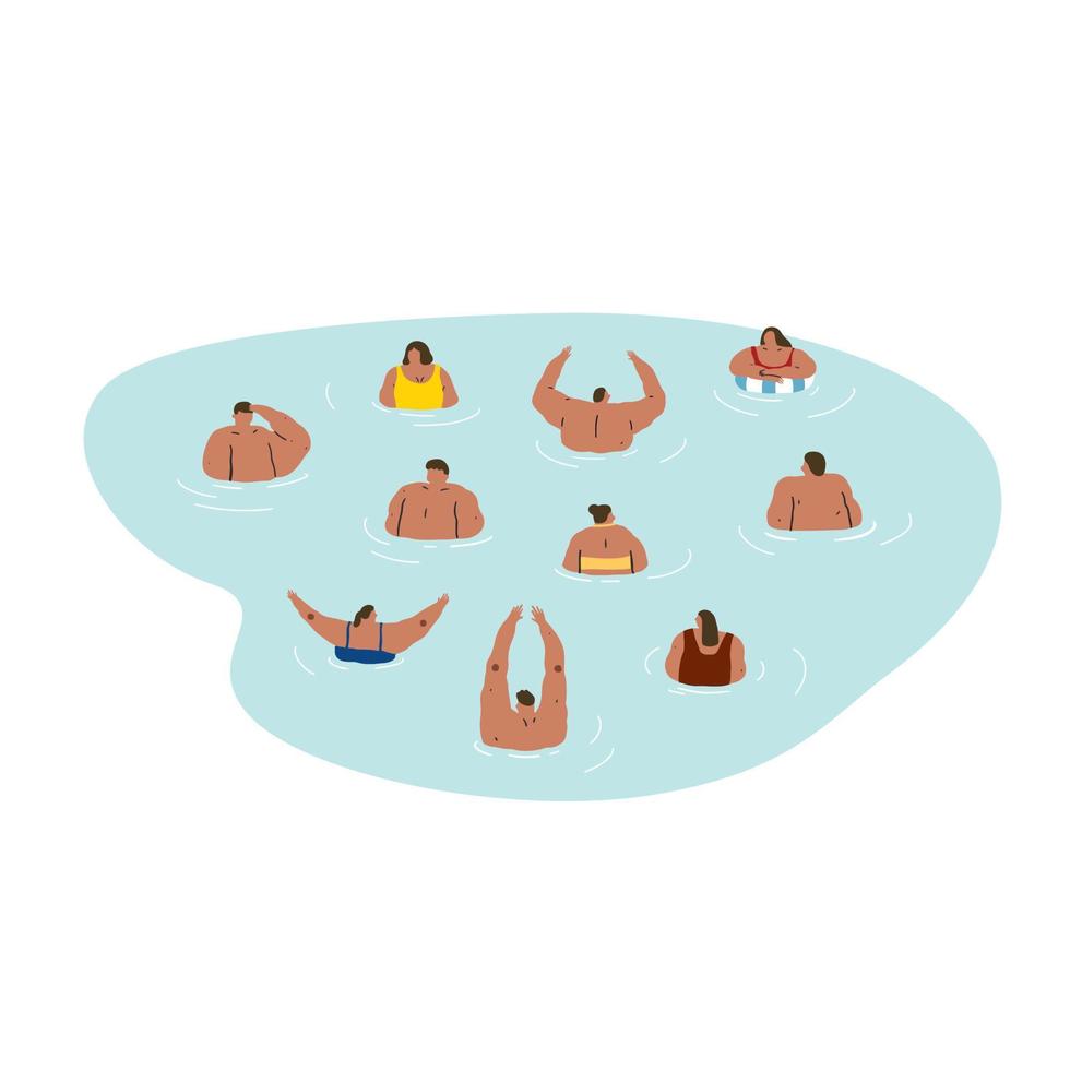 mão desenhada ilustração vetorial de pessoas relaxa no mar em fundo branco. as pessoas nadam em uma piscina. vetor