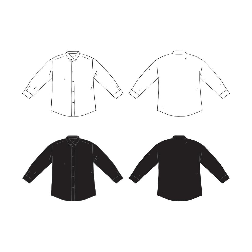 conjunto de ilustração vetorial desenhada à mão do modelo de design de camisa de manga comprida em branco. frente e costas da camisa. camisa masculina branca e preta sobre fundo branco. vetor