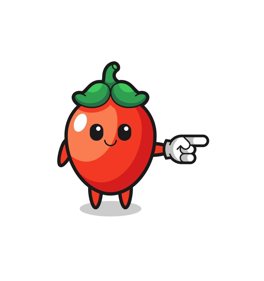 mascote de pimenta com gesto certo apontando vetor