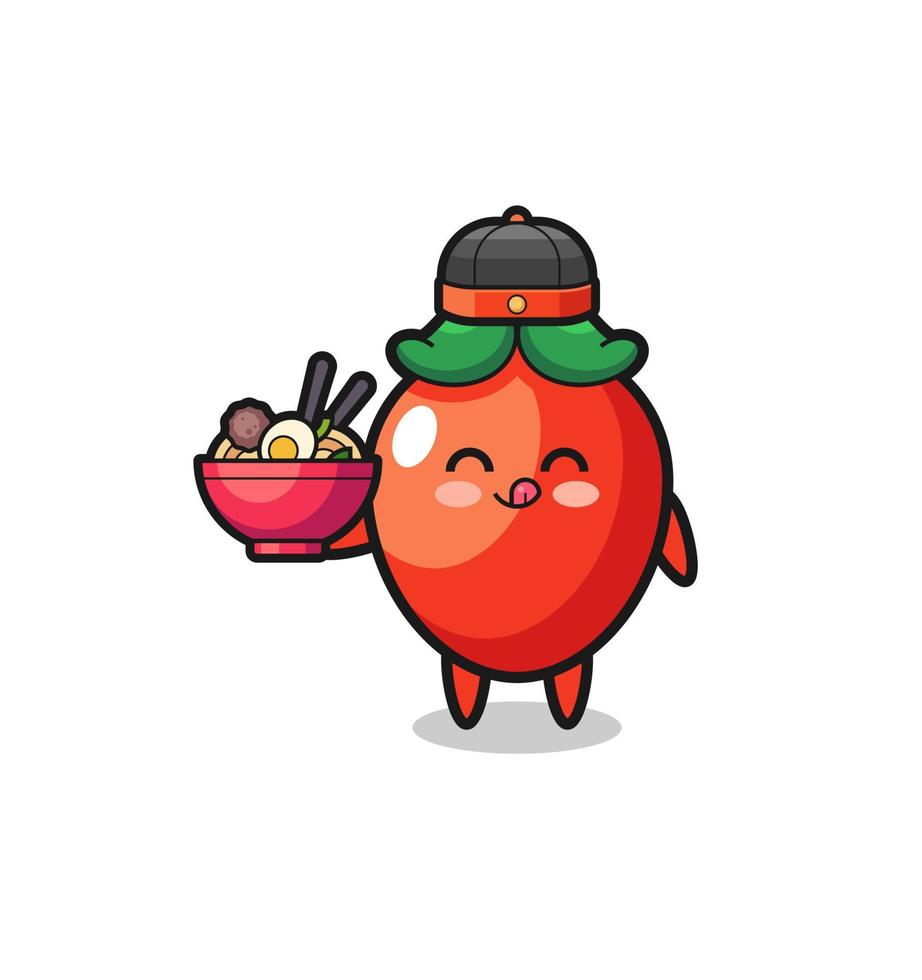 pimenta como mascote chef chinês segurando uma tigela de macarrão vetor