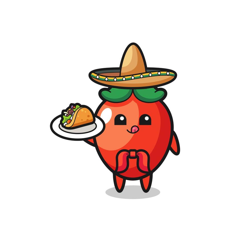 mascote chef mexicano de pimenta segurando um taco vetor