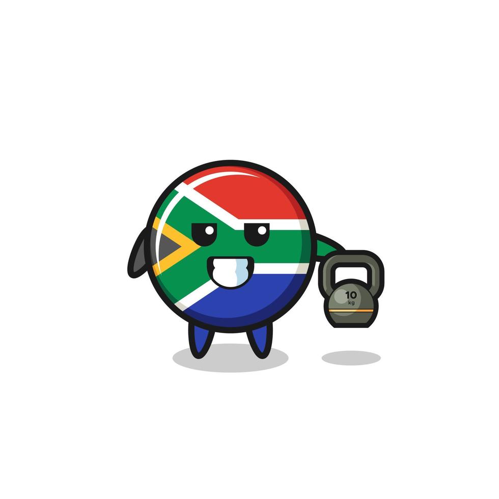 mascote da bandeira da áfrica do sul levantando kettlebell no ginásio vetor