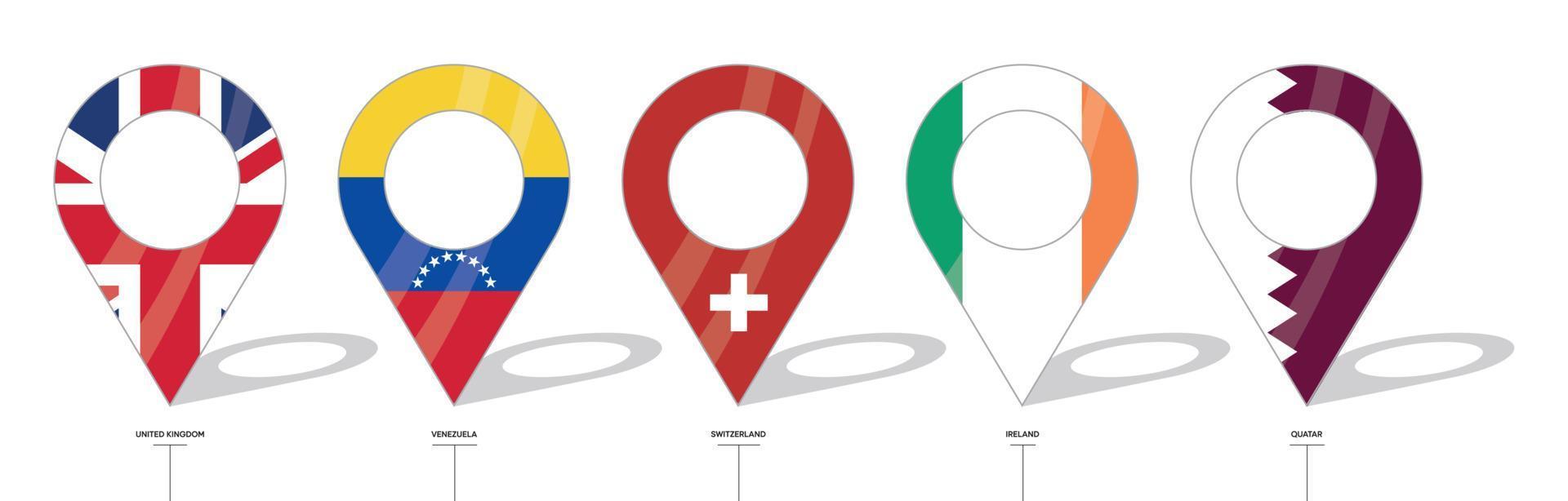 sinal de localização da bandeira do país. ícones de bandeira do reino unido, venezuela, suíça, irlanda e catar. bandeiras de países com check-ins. ícone de vetor de formas simples de ponto de localização.