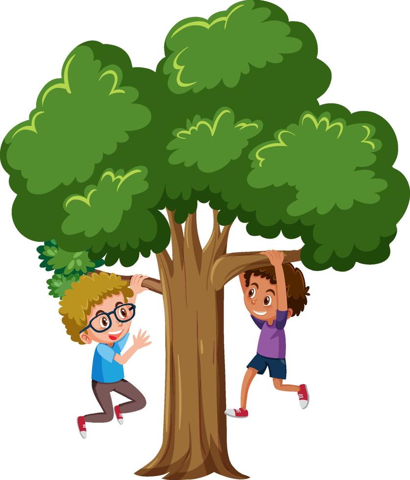 um menino pendurado em uma árvore no estilo cartoon vetor