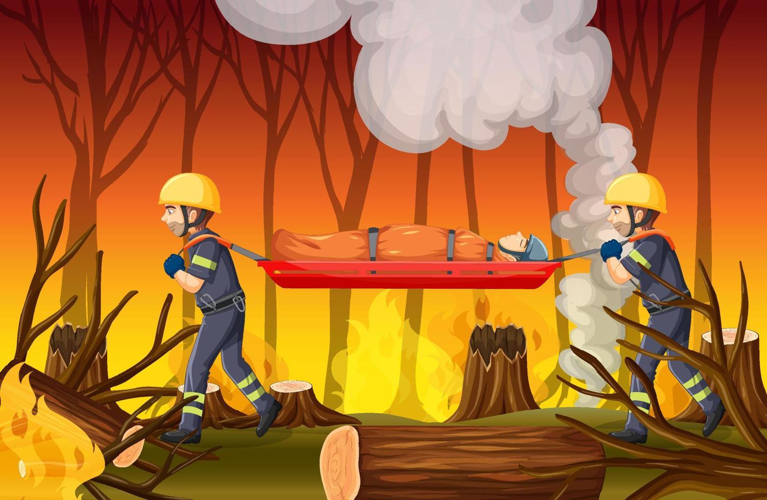 cena de incêndio com resgate de bombeiro em estilo cartoon vetor