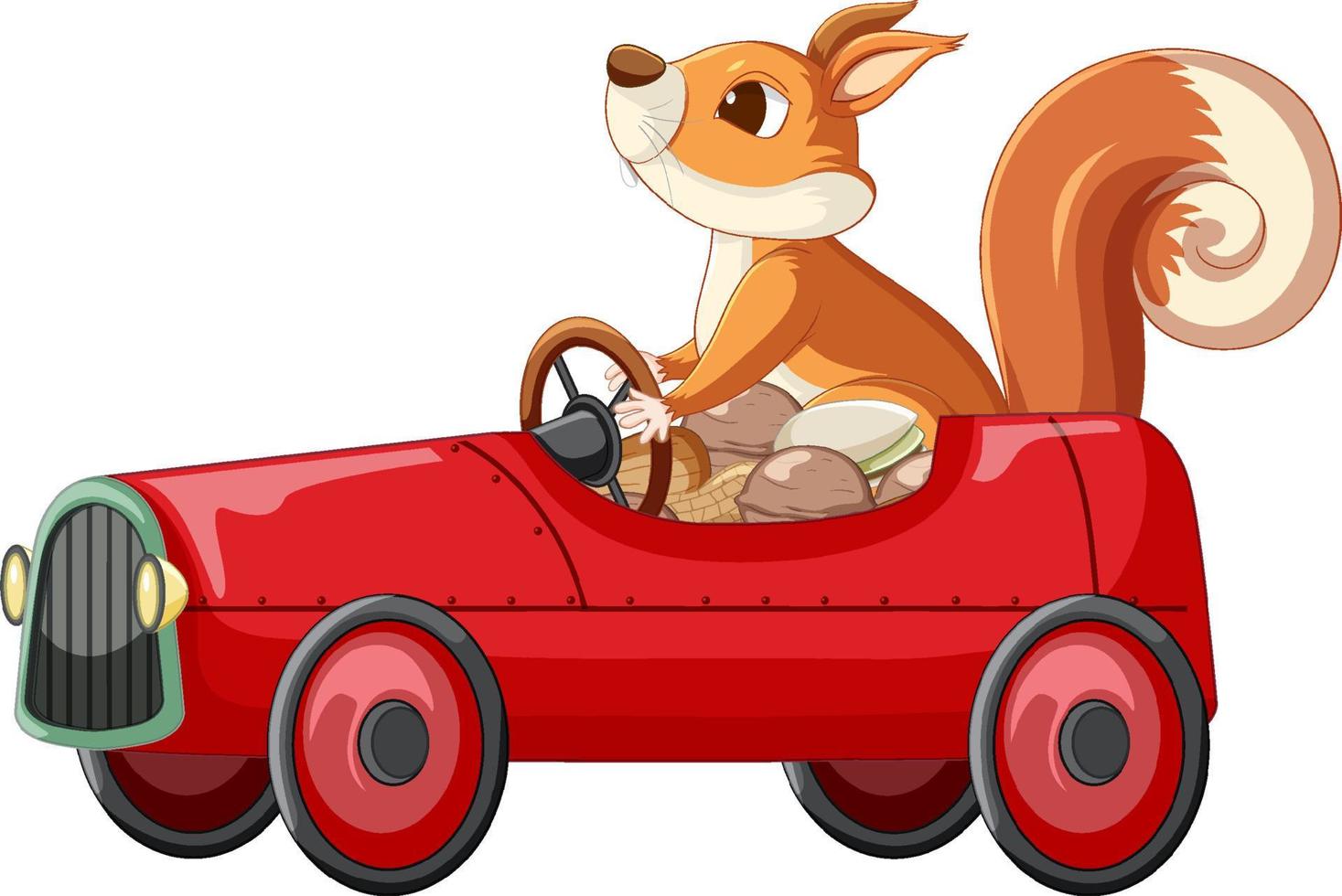 esquilo dirigindo carro vermelho cheio de nozes vetor