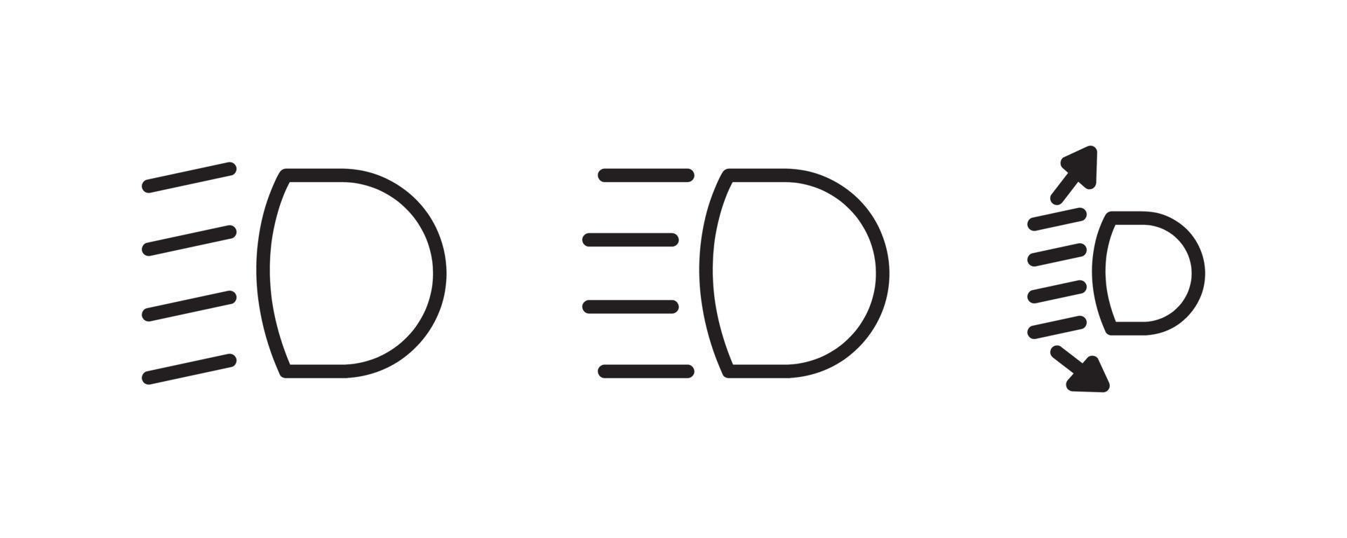 ícones vetoriais de indicadores do painel do veículo. tais símbolos incluem farol alto e baixo e símbolo de farol ajustável. ícone de linha editável. vetor