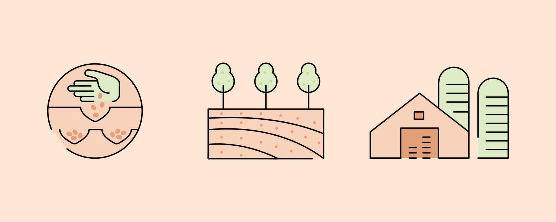 conjunto de ícones de linha de agricultura e agricultura. tais ícones incluem temas como terras agrícolas, aterros sanitários e fertilização do solo. conjunto de ícones de agricultura colorida. traço editável. vetor